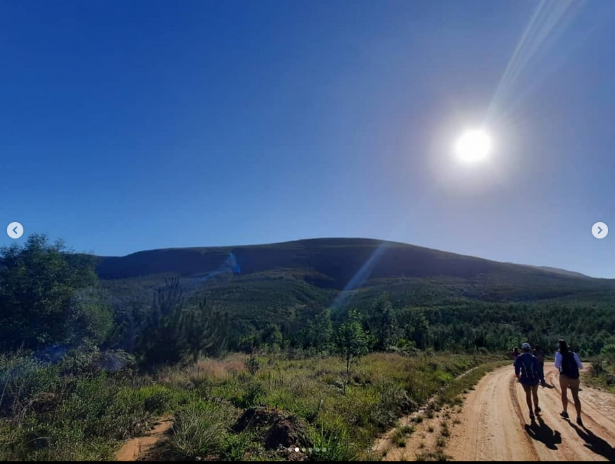 Hikers on a sunlit dirt trail through the valley